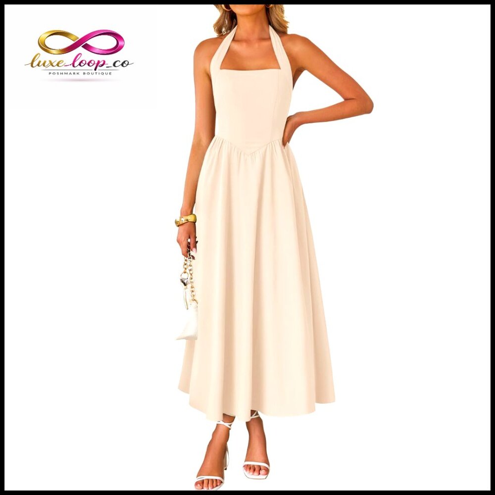 Sleeveless Halter Midi Dress High Waist Backless Flowy Summer Beach Wedding